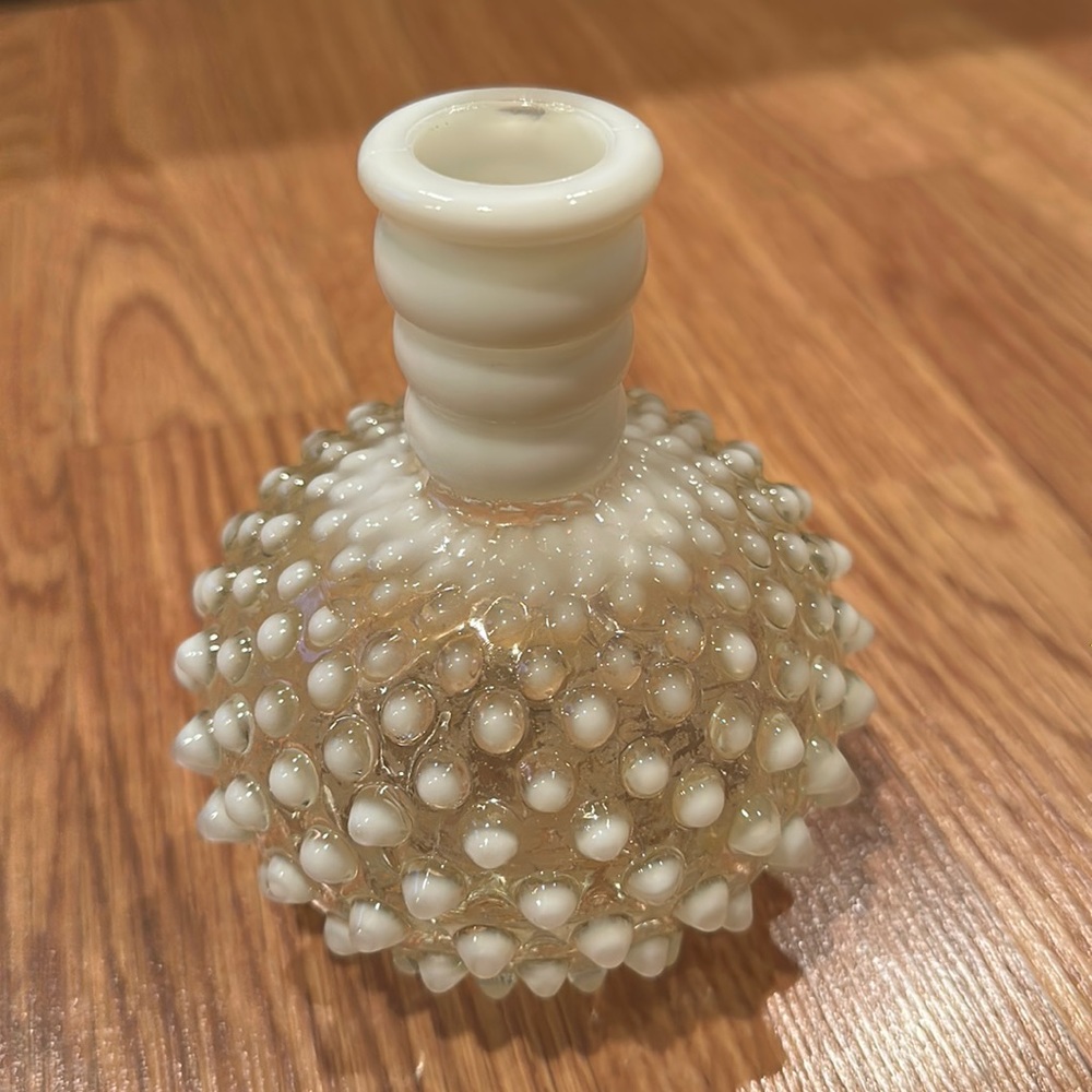 Vintage Fenton Hobnail Milk Glass Wrisley Perfume Bottle - White/Yellow - Vase
